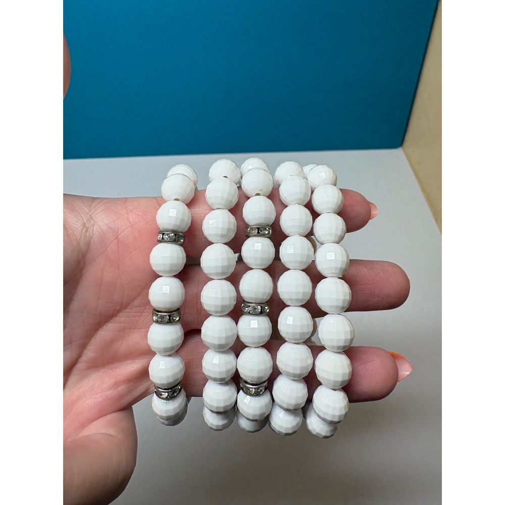 Set of 5 White Faceted Bead Stretch Bracelets Rhinestone Accents Silver Tone